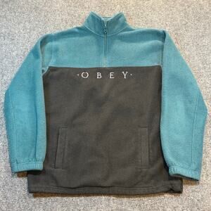 OBEY Worldwide Mens Small Spellout Teal Black Color Block 1/4 Zip Fleece Jacket